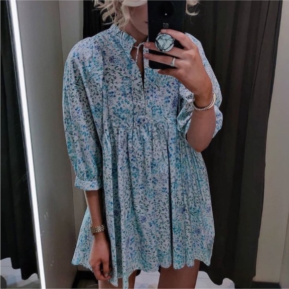 Zara Blue Floral Printed Poplin Babydoll Mini Dress - Picture 4 of 15